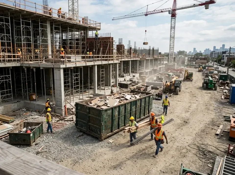 Roll-off Dumpster — Commercial Construction — Roll-off Dumpster, Construction Crew, Tower Crane, Commercial Construction, Po…
